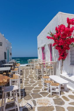 Yunanistan 'ın Naousa Paros adasında yaz mevsiminde denizin dışında bir barın dış görünüşüne sahip geleneksel Kiklad manzarası
