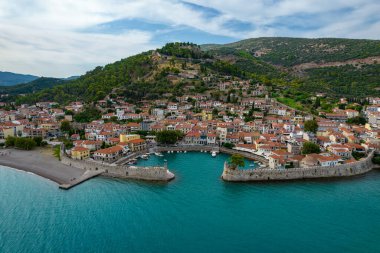 Aerial drone photo of the iconic  nafaktos city and the Venetian port, famous for the battle of Lepanto, Aitoloakarnania, Greece. clipart