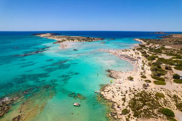 stock image Aerial view of the famous  Elafonisi beach with the turquoise waters and  the pink sand ,in chania, Crete, Greece.