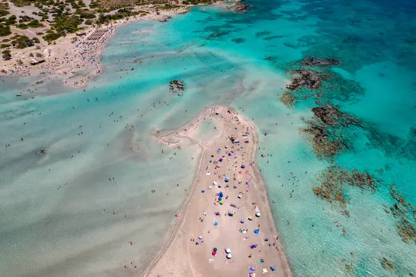 stock image Aerial view of the famous  Elafonisi beach with the turquoise waters and  the pink sand ,in chania, Crete, Greece.