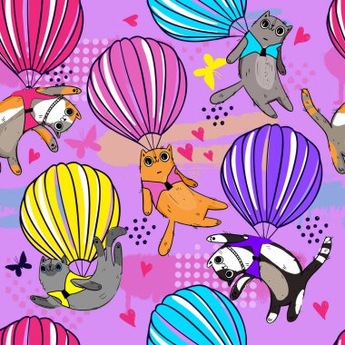 Paraşütlü kedileri olan kızlar. Tekstil için el çizimi arka plan, grafik tişörtler, çocuklar giyer. Genç kızlar için duvar kağıdı. Moda tarzı.