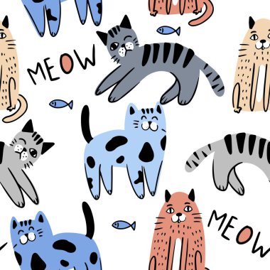 Kedilerle hoş, pürüzsüz bir desen. Tişört, tekstil, kumaş, ağ, poster, kart ve diğer tasarımlar için desen.