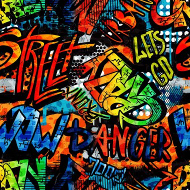 Soyut parlak grafiti deseni. Tuğlalar, boya damlaları, grafiti tarzında kelimeler. Tekstil, spor kıyafetleri, baskılar için grafik şehir tasarımı. 