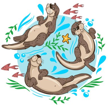 Su samurlarının parmak izlerini al. Elle çizilmiş su samurları. Tekstil, fabrikalar, çocuk giysileri ve daha fazlası için.