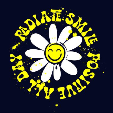 70 'lerin tipografisi gülümseyen papatya çiçeği ve sloganlı.. 