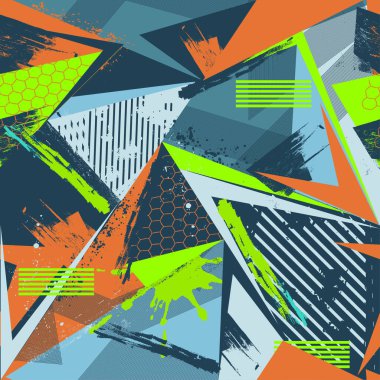 Soyut, dikişsiz geometrik desen. Çirkin desenli arka plan Geometrik kapak baskısı spor tekstili, moda kıyafetleri, ambalaj kağıdı. Grunge süslemeyi tekrarla