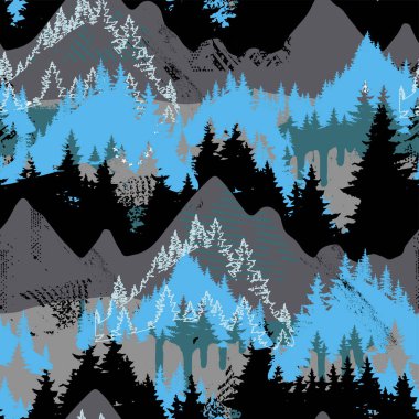 Abstract grunge seamless vector pattern with mountains and forests. Hand-drawn print for textiles, sportswear, wrapping paper and more clipart