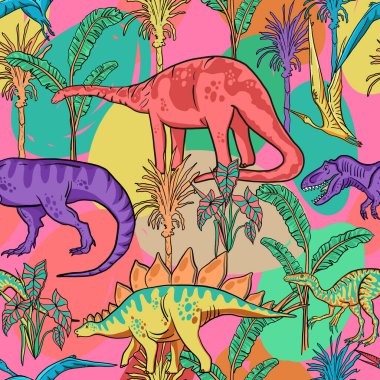 Dinozorlar ve tropikal bitkilerle kusursuz desen