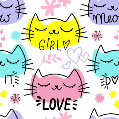 cute cats seamless pattern with symbols and letterings clipart