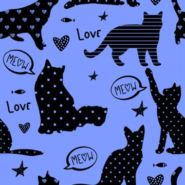 cute cats seamless pattern with symbols and letterings clipart