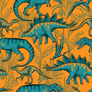 Dinozorlarla kusursuz desen, basit ağ çizimi