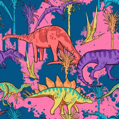 Dinozorlar ve tropikal bitkilerle kusursuz desen