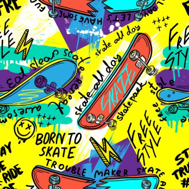 Elle çizilmiş kaykay ve harflerle kusursuz ağ dokusu