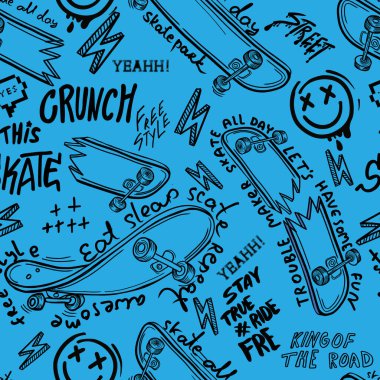 Elle çizilmiş kaykay ve harflerle kusursuz ağ dokusu