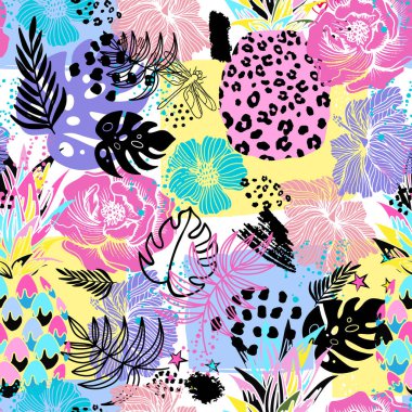 Renkli tropikal yapraklarla kusursuz desen