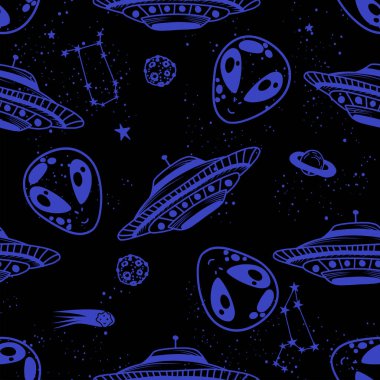 UFO, uzaylı ve uzay gemileriyle kusursuz desen.