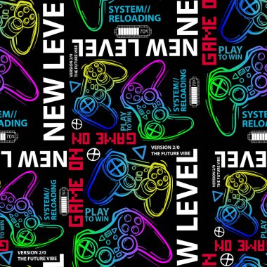 seamless pattern with joysticks and text. gaming theme clipart