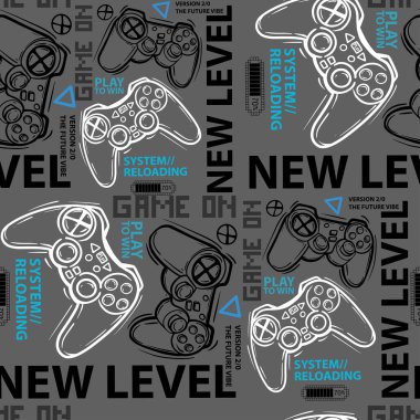 seamless pattern with joysticks and text. gaming theme clipart