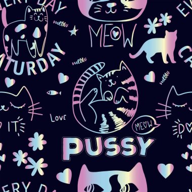 Kediler, harfler ve çiçeklerle kusursuz desen