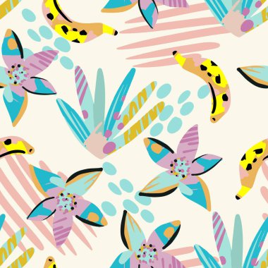 Tropik yapraklar ve çiçeklerle kusursuz desen.