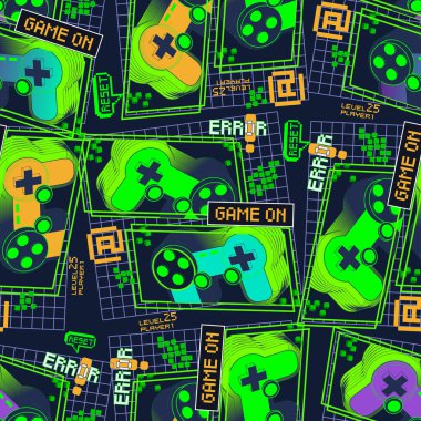 seamless pattern with neon joysticks and text. gaming theme clipart