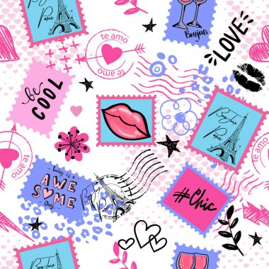 Pul yapıştıran, kaligrafik sloganı, kalbi, sözleri olan kızlar. Tekstil için arka plan, grafik tişörtler, çocukların giydiği şeyler. Genç kızlar için duvar kağıdı.