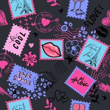 Pul yapıştıran, kaligrafik sloganı, kalbi, sözleri olan kızlar. Tekstil için arka plan, grafik tişörtler, çocukların giydiği şeyler. Genç kızlar için duvar kağıdı.