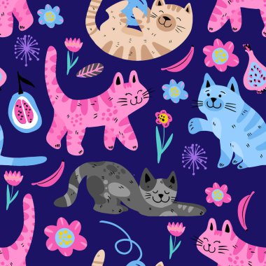 Kedilerle hoş, pürüzsüz bir desen. Çocuklar kediciği elleriyle çizmiş. Tişört, tekstil, kumaş, ağ, poster, kart ve diğer tasarımlar için desen.