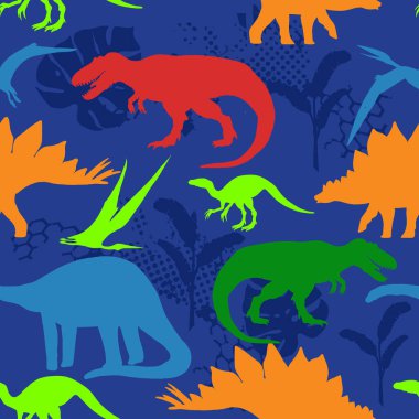 Renkli dinozorlar mavi arkaplanlı, pürüzsüz desenli