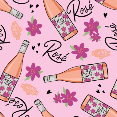 Pembe şarap şişesi pürüzsüz desen. Pembe arka planda çiçekler ve şarap şişeleriyle el çizimi.