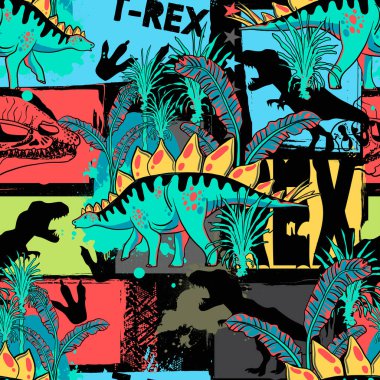 Dinozorlar ve tropikal bitkilerle kusursuz desen