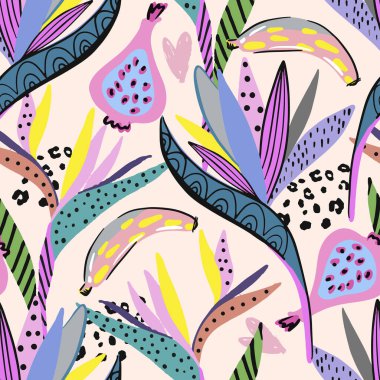 Tropik yapraklar ve çiçeklerle kusursuz desen.