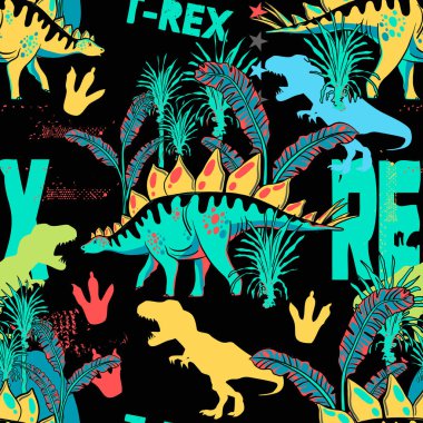 Dinozorlar ve tropikal bitkilerle kusursuz desen