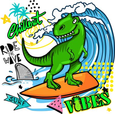 Sörf tahtası olan dinozorun vektör çizimi