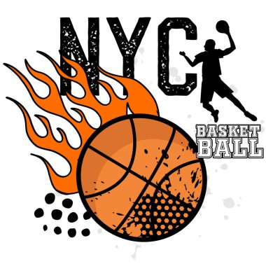 Ateşli basketbol topu, oyuncu ve harfler. vektör illüstrasyonu