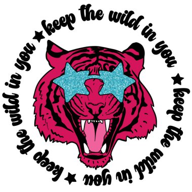 Vahşi hayvanlı kaplan. Kızlar ve erkekler için vektör illüstrasyon baskısı. Tekstil için havalı illüstrasyon