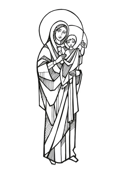 Elle Çizilmiş Vektör Çizimi Kutsal Meryem Çizimi Havari Kraliçesi — Stok Vektör