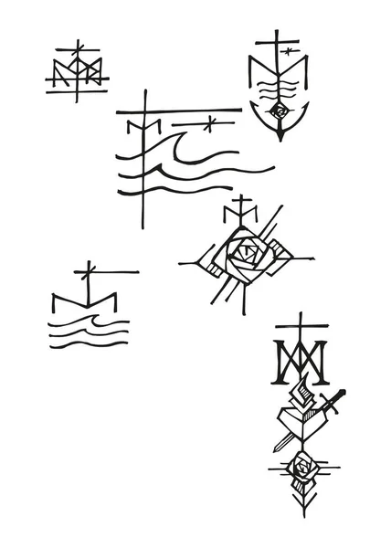 手绘符号玛丽的矢量图解或绘图 — 图库矢量图片