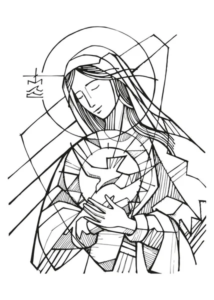 圣母玛利亚及圣转盘的手绘矢量图解或绘图 — 图库矢量图片