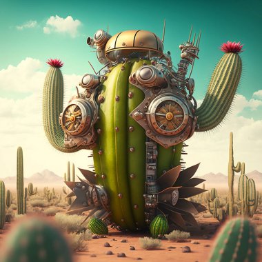 Digital Illustration of a Cactus in a robotic style in a desert clipart