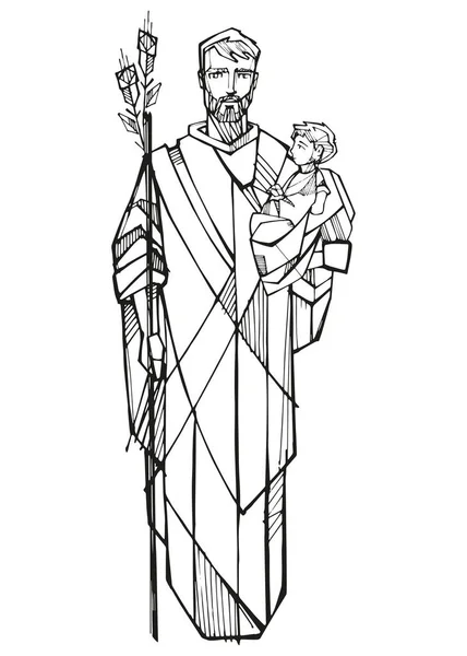 Handgezeichnete Vektorillustration Oder Zeichnung Des Heiligen Josef Mit Kind — Stockvektor
