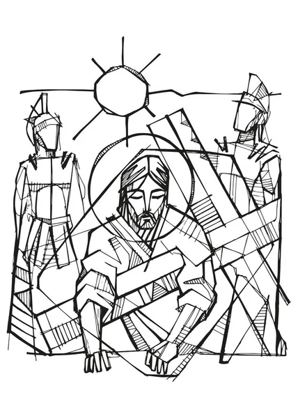 Illustration Vectorielle Dessinée Main Dessin Jésus Tombe Avec Croix — Image vectorielle