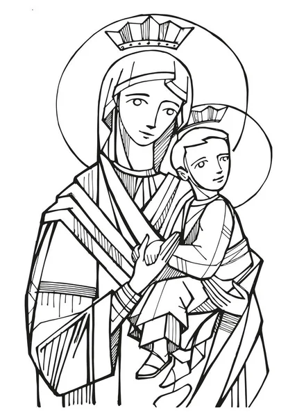 Ręcznie Rysowany Wektor Ilustracja Lub Rysunek Matki Bożej Nieustającej Helu — Wektor stockowy