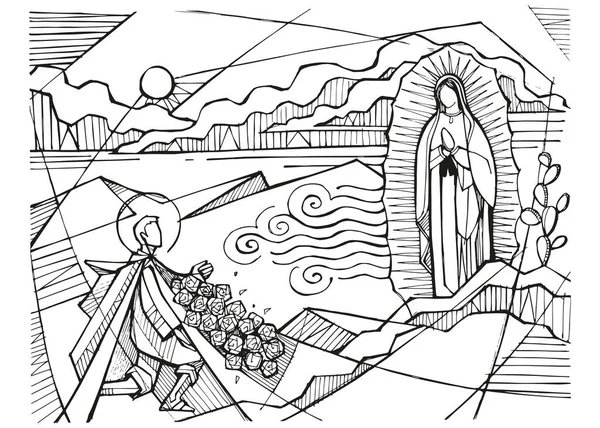 Ilustración Vectorial Dibujada Mano Dibujo Virgen Guadalupe Juan Dieg — Archivo Imágenes Vectoriales