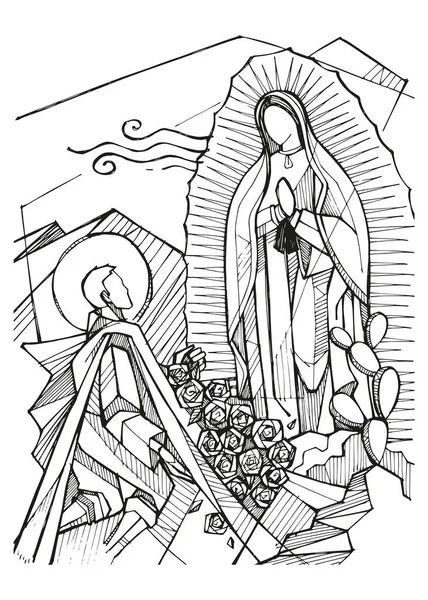Illustrazione Vettoriale Disegnata Mano Disegno Della Vergine Guadalupe Juan Dieg — Vettoriale Stock