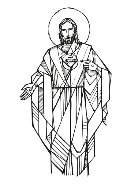 耶稣中手工绘制的矢量插图或绘图 — 图库矢量图片