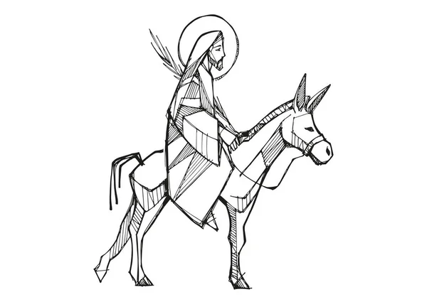 Handgezeichnete Vektorillustration Oder Zeichnung Jesu Der Jerusalem Auf Einem Esel — Stockvektor