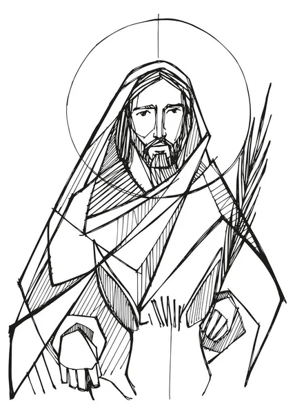 Handgezeichnete Vektorillustration Oder Zeichnung Von Jesus Der Auf Einem Esel — Stockvektor