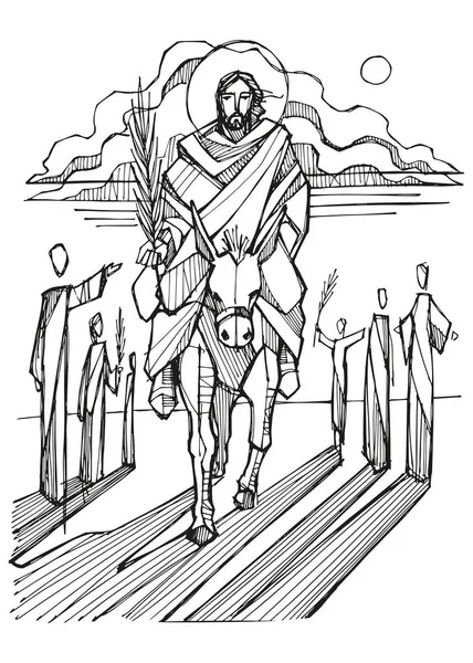 Illustration Vectorielle Dessinée Main Dessin Jésus Entrant Jérusalem Sur Âne — Image vectorielle
