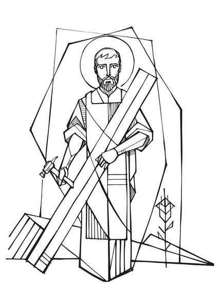Χειροποίητη Διανυσματική Απεικόνιση Σχέδιο Του Αγίου Ιωσήφ Του Εργαζομένου — Διανυσματικό Αρχείο